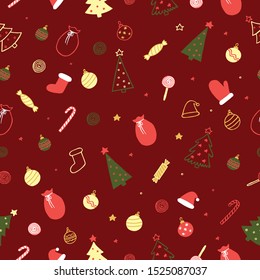 Christmas holiday seamless vector pattern. Doodle santa hats, christmas tree, balls, star, candy, mitten, hat, sock, stars and dots on dark red background. Christmas holiday doodle style. EPS10