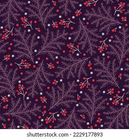 Christmas holiday seamless vector pattern fir branches berries and snowflakes.