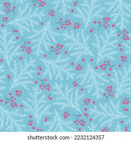 Christmas holiday seamless vector pattern fir branches berries and snowflakes.