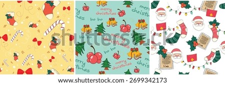 Christmas Holiday Seamless Vector Pattern Set (Santa, Socks, Candy, Bells)