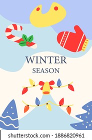 Christmas holiday season abstract poster template. Winter season. Commercial flyer design with flat illustration. Vector cartoon promo card with organic shapes. Wintertime advertising invitation