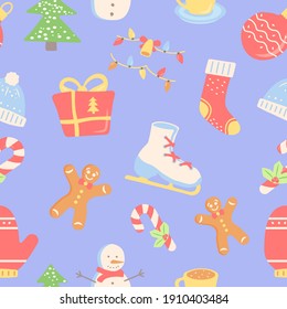Christmas holiday season abstract seamless pattern. Geometric flat vector shapes. Seasonal greeting. Wintertime texture with cartoon color icons. Decorative boho design with graphic elements