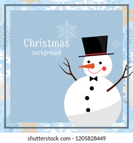Christmas holiday season background of a happy snowman wear black hat on blue frame with your copy space. Christmas holidays cartoon character design for winter holidays greeting season. 