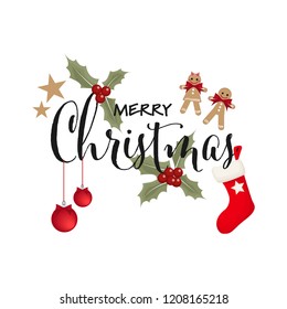 Christmas holiday season background of Merry Christmas text decorative with Christmas elements of a couple of ginger bread with red ribbons, red sock, holly berries branches, Christmas balls and stars