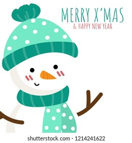 Christmas holiday season background of A snowman wear yarn hat and green scarf on white background with Merry Christmas & Happy New Year text. Cute cartoon character design for greeting season.