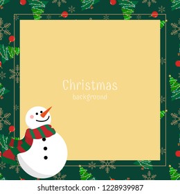 Christmas holiday season background of a snowman in winter costume with Christmas elements frame and your copy space on yellow background.Cute Christmas holidays cartoon character design for winter.