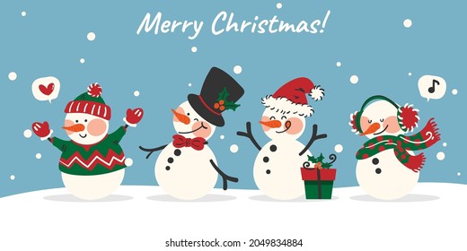 Christmas holiday season banner of a group of cute snowman in winter season outfits on snow floor with light blue sky background with Merry Christmas text and snowflakes. Vector illustration.