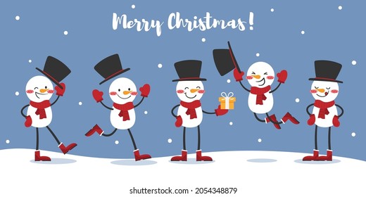 Christmas holiday season banner of a group of cute snowman wear red scarf and black hat on snow floor with light blue sky background with Merry Christmas text and snowflakes falling.