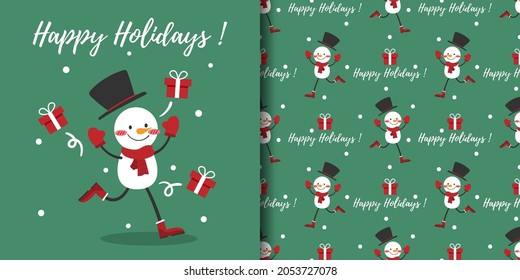 Christmas holiday season banner with Happy Holidays text and seamless pattern of cute snowman wear red scarf and black hat with gift boxes on green background with snowflakes. Vector illustration.