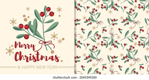 Christmas holiday season banner with Merry Christmas and Happy New year text and seamless pattern of red berries branches with green leaves and ribbons on light color background with snowflakes.