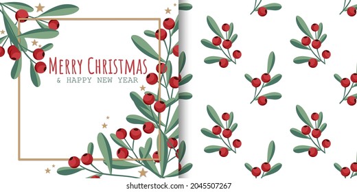 Christmas holiday season banner with Merry Christmas and Happy New year text and seamless pattern of red berries branches with green leaves and tiny star on white color background. Vector illustration