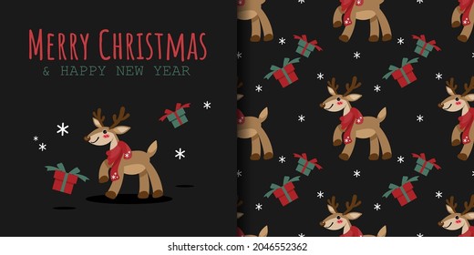 Christmas holiday season banner with Merry Christmas and Happy New Year text and seamless pattern of cute reindeer wear red scarf on black background with gift box and snowflakes. Vector illustration.