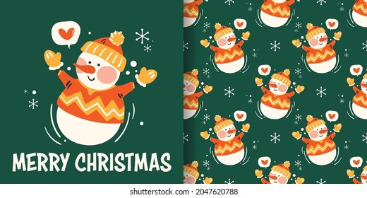 Christmas holiday season banner with Merry Christmas text and seamless pattern of cute snowman in winter outfits with red heart in text box and snowflakes on green background. Vector illustration.