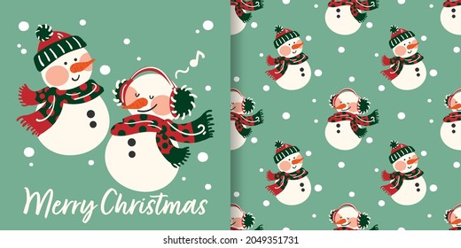 Christmas holiday season banner with Merry Christmas text and seamless pattern of cute snowman in winter outfits on light green background. Vector illustration.