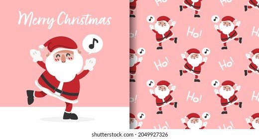 Christmas holiday season banner with Merry Christmas text and seamless pattern of Santa Claus with music note in text box and ho text on light pink background. Vector illustration.