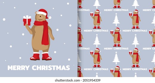 Christmas holiday season banner with Merry Christmas text and seamless pattern of a brown bear wear Santa hat hold a gift box on light gray background with Christmas tree. Vector illustration.