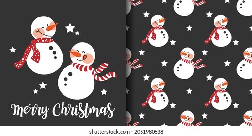 Christmas holiday season banner with Merry Christmas text and seamless pattern of cute snowman wear red scarf on black background with stars. Vector illustration.