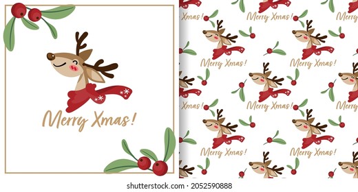 Christmas holiday season banner with Merry Xmas text and seamless pattern of cute reindeer wear scarf and holly berry branches on white color background. Vector illustration.