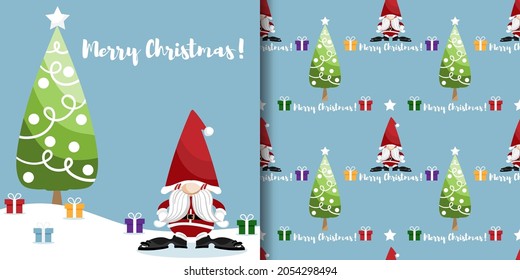 Christmas holiday season banner with Merry Christmas text and seamless pattern of Santa Claus with Christmas tree and gift box on snow floor on light blue background. Vector illustration.