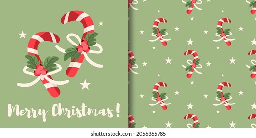 Banner de la temporada navideña con texto navideño de Feliz Navidad y patrón ininterrumpido de dulces con ramas de berry en fondo verde claro con estrellas. Ilustración vectorial.