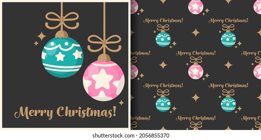 Christmas holiday season banner with Merry Christmas text and seamless pattern of cute Christmas balls on black background. Vector illustration.