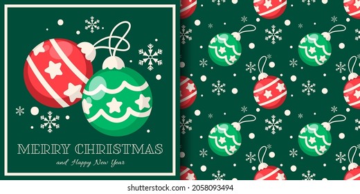 Christmas holiday season banner with Merry Christmas and Happy New Year seamless pattern of cute Christmas balls on dark green background with snowflakes. Vector illustration.