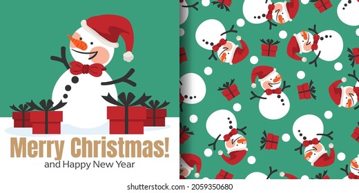 Christmas holiday season banner with Merry Christmas text and seamless pattern of snowman wear Santa hat and gift boxes on green background. Vector illustration.