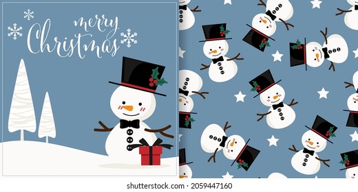 Christmas holiday season banner with Merry Christmas text and seamless pattern of a snowman wear black hat decorated with holly berry branch on blue background with snowflakes, pine trees and stars. 