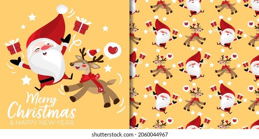 Christmas holiday season banner with Merry Christmas and Happy New Year text and seamless pattern of cute reindeer wear scarf and santa clause with gift boxes on  yellow background with stars.