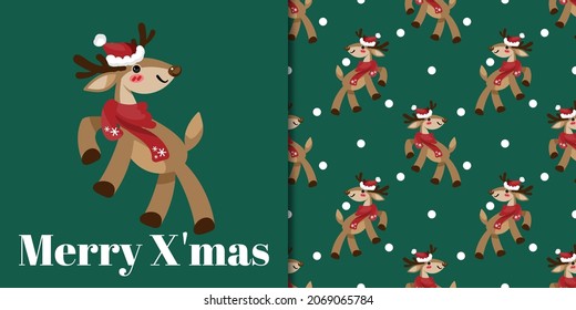 Christmas holiday season banner with Merry Christmas text and seamless pattern of cute reindeer wear Santa hat and scarf on green background with snowflakes. Vector illustration.