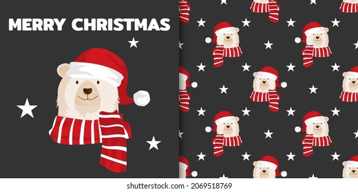 Christmas holiday season banner with Merry Christmas text and seamless pattern of a polar bear wear Santa hat and red scarf on black background with stars. Vector illustration.