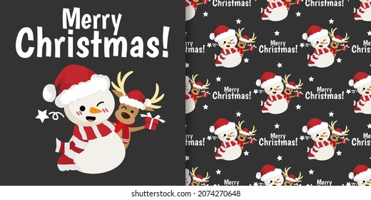 Christmas holiday season banner with Merry Christmas text and seamless pattern of a snowman wear Santa hat and a reindeer wear scarf hold gift box on black background with stars. Vector illustration.