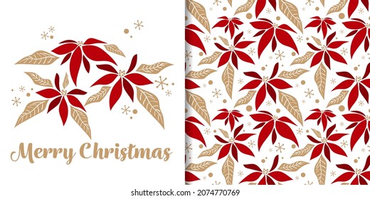 Christmas holiday season banner of Merry Christmas text and seamless pattern of Christmas winter poinsettia flower branches decorative and snowflakes on white background. Vector illustration.