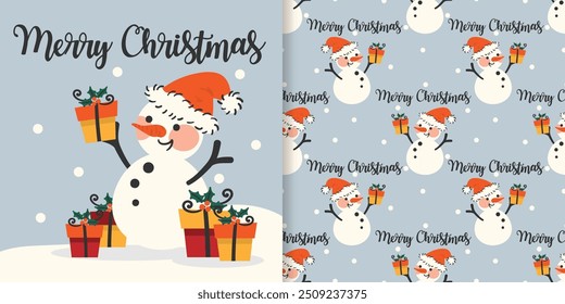 Christmas holiday season banner with Merry Christmas text and seamless pattern of cute snowman wear Santa hat with gift boxes with holly berry branch on a light blue background with snowflakes. 