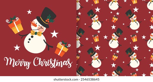 Christmas holiday season banner with Merry Christmas text and seamless pattern of cute snowman wear black hat with gift boxes with holly berry branch with stars background.