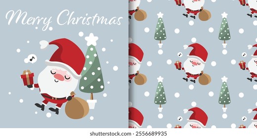 Christmas holiday season banner with Merry Christmas text and seamless pattern of santa claus with a gift box and Christmas tree on light blue background. Vector illustration.