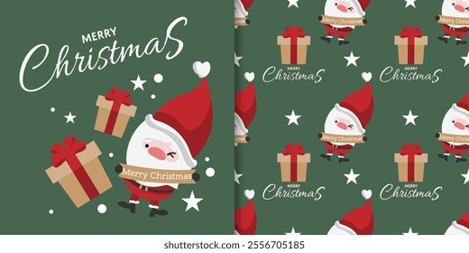 Christmas holiday season banner with Merry Christmas text and seamless pattern of santa claus show Christmas sign with a gift box on green background. Vector illustration.