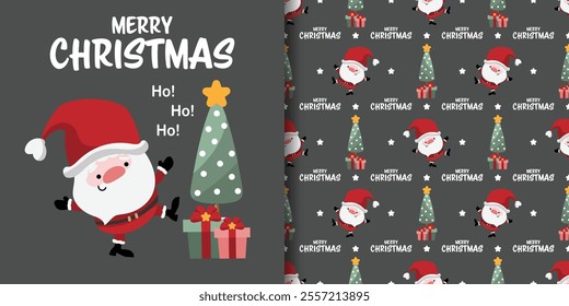 Christmas holiday season banner with Merry Christmas text and seamless pattern of santa claus, Christmas tree with gift boxes and stars on gray background. Vector illustration.