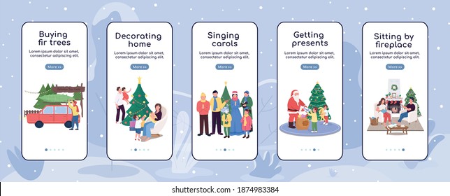 Christmas holiday season onboarding mobile app screen flat vector template. Buy fir tree for xmas. Walkthrough website steps with characters. UX, UI, GUI smartphone cartoon interface, case prints set
