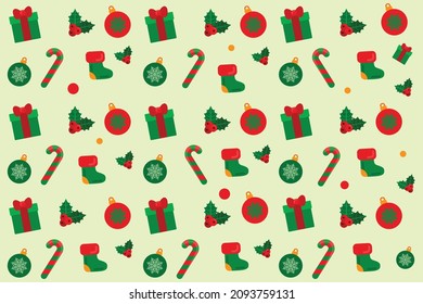 Christmas and holiday season pattern decoration vector illustration with elements like gift box, baubles, candy cane, and berries