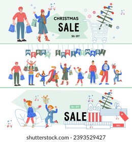 Christmas holiday season sale and shopping banners and leaflets set. Family and friends find great deals on Christmas and New Year items, festive banners flat vector illustration.