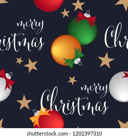 Christmas holiday season seamless pattern of Christmas baubles ball with ribbon, star and Merry Christmas text on dark color background. Design for winter holidays season, wrapping papers etc.