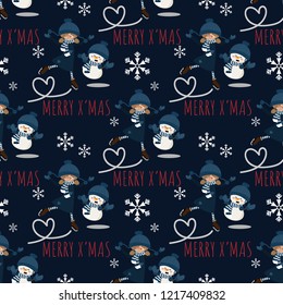 Christmas holiday season seamless pattern with Cut girl in winter custom with snowflakes and snowman.