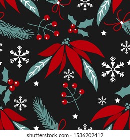 Christmas holiday season seamless pattern of Christmas flowers, pine branch with ribbon, holly berries with leaves, star and snowflakes on black background. Vector illustration.