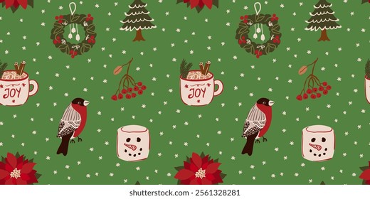 Christmas, holiday season seamless pattern with bird, tree, hot cholocolate in a mug, flower, marshmallow and snowflakes. Cute, cozy winter background. Wrapping paper, fabric design.