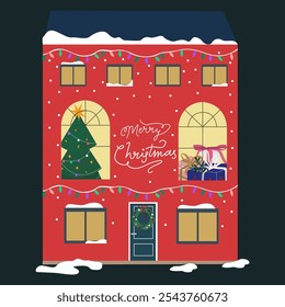 Christmas holiday season. Winter retro red house on a black background. Christmas house cute facade with decoration, snow, garland, Christmas tree and gifts