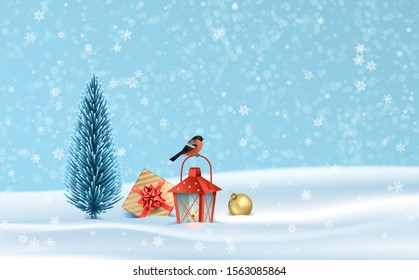 Christmas holiday serene landscape. Winter holiday scene with Christmas tree, a gift, old lantern and a bird