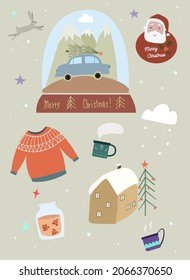 Christmas holiday set card illustration. Cozy winter things. Santa, sweater, house, cup, tree, car, snow globe stickers. New year illustration.