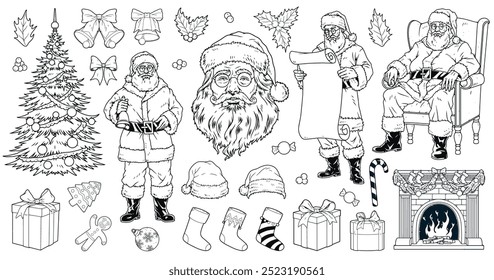 Christmas holiday set emblems monochrome Santa Claus near gifts and sweets or fireplace with firs decorated for holiday vector illustration