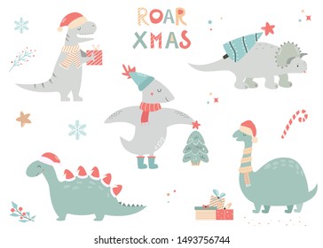 Christmas holiday set with festive dinos. Vector cute winter characters